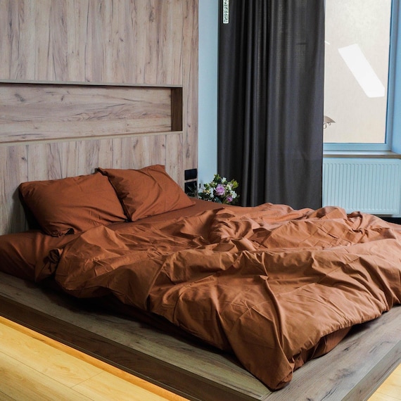 Cinnamon Bed Set - Full Cotton Bedding with Duvet Cover, Pillow Cases, Bed Sheet - Minimalist Sheets set, Flat or Fitted Sheet Set, Mom Gift