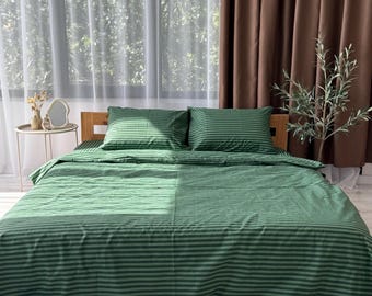 Green Cotton Duvet Cover Set with Stripes: Bedding Size King, Queen Custom, Striped Sheet and Pillowcase, Aesthetic Bedroom Decor
