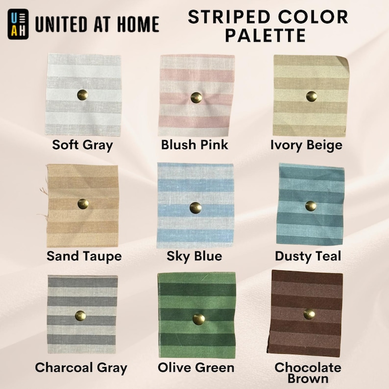 a collection of nine fabric swatches, each with a different color and pattern, arranged in a grid format. The swatches are labeled with the names of the colors and patterns, such as "Soft Gray", "Blush Pink", "Ivy Beige", "Soft Gray", "Sand Taupe", "Sky Blue", "Dusting Teal", "Chocolate Brown", and "Charcoal Gray".