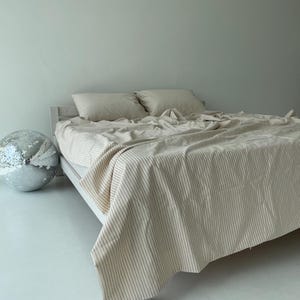 Organic Flax Linen Bed Sheet Set and 2 Pillowcases, Striped Fitted & Flat Sheets with Deep Pocket Queen, King, Full and Custom
