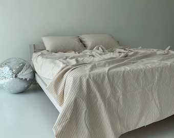 Organic Flax Linen Bed Sheet Set and 2 Pillowcases, Striped Fitted & Flat Sheets with Deep Pocket Queen, King, Full and Custom