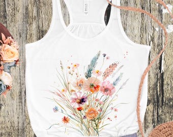 Women's Flowy Racerback Tank, Watercolor Wildflowers Tank Top, Floral Athletic Shirt for Women, Vacation Tank Top, Wildflower Bouquet Shirt