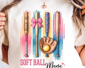 Koszulka softballowa z nadrukiem dla mamy, spersonalizowana koszulka z pociągnięciami pędzla, koszulka z nadrukiem prezentu dla mamy, koszulka softball dla mamy, kij do softballu z imieniem