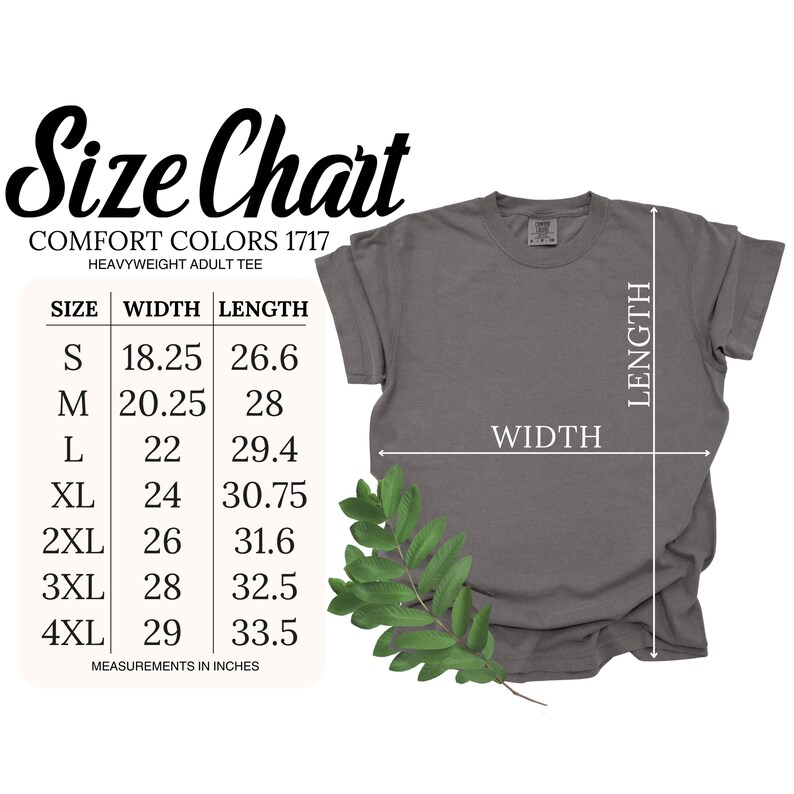 K&ouml;nnte beinhalten: Ein graues Comfort Colors Heavyweight-Erwachsenen-T-Shirt mit einer Gr&ouml;&szlig;entabelle. Die Tabelle zeigt die Ma&szlig;e in Zoll f&uuml;r die Gr&ouml;&szlig;en S bis 4XL. Ein gr&uuml;ner, bl&auml;ttriger Zweig befindet sich am unteren Rand des Shirts.