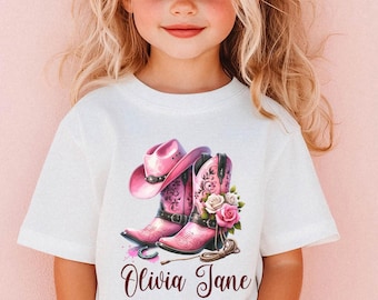 Maglietta personalizzata da cowgirl per bambina, maglietta su misura per bambina, regalo di compleanno per bambina, maglietta rosa western personalizzabile con nome per bambina