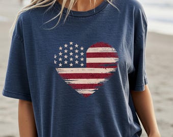 American Flag Heart Shirt, Comfort Colors T-Shirt, Patriotic Shirt for her, Fourth of July Shirt, Vintage distressed tee, patriotic Shirt