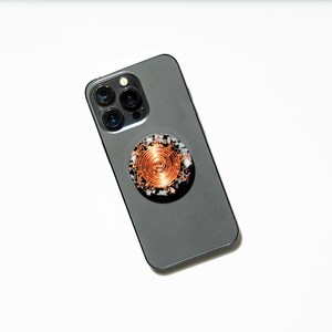 Blue Calcite Orgonite EMF Phone Protector – Crystal Energy Shield with Gold, Copper, Black Tourmaline for Grounding & Clarity