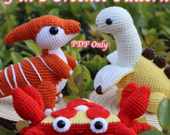 3 in 1 Crochet Patterns Bundle - Bananasaurus, Salmon Parasaurolophus, Pizza Crab PDF