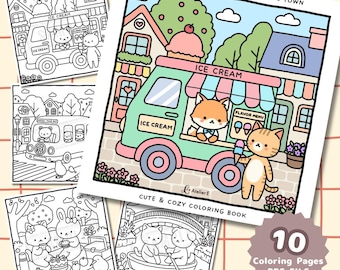 May include: A collection of coloring pages featuring cute animal characters in various scenes. The main image shows an ice cream truck with a fox and a cat. The text reads "Critter Land: A Day in Animal Town" and "Cute & Cozy Coloring Book."