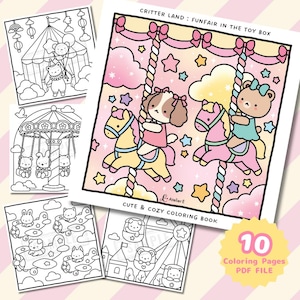 以下が含まれることがあります： お祭り会場にいる動物たちのイラストが描かれた塗り絵のコレクション。メイン画像には、メリーゴーランドの馬に乗った犬とクマが描かれています。「Critter Land: Funfair in the Toy Box」と「Cute & Cozy Coloring Book」の文字。塗り絵ページ10枚入り。