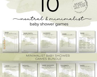 May include: A bundle of ten minimalist baby shower games, ready to print and use. The games include a baby dictionary, predictions, nursery rhyme quiz, baby scramble, trivia, and more. The design features a neutral color palette.