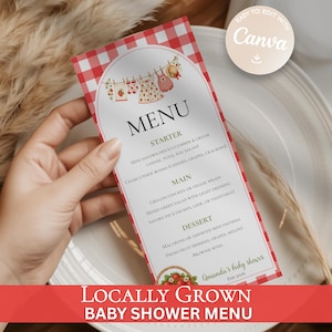 May include: A baby shower menu with a red and white gingham pattern. The menu features a decorative arch with hanging baby clothes illustrations. The menu includes starter, main, and dessert options. The text reads "Locally Grown Baby Shower Menu".