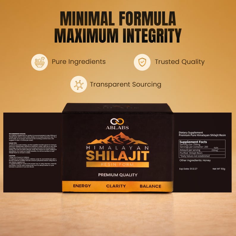 May include: A black box of Himalayan Shilajit resin with the text "Minimal Formula Maximum Integrity." The box has the words "Energy, Clarity, Balance" and "Premium Quality." The box also has the text "Pure Ingredients" and "Trusted Quality."