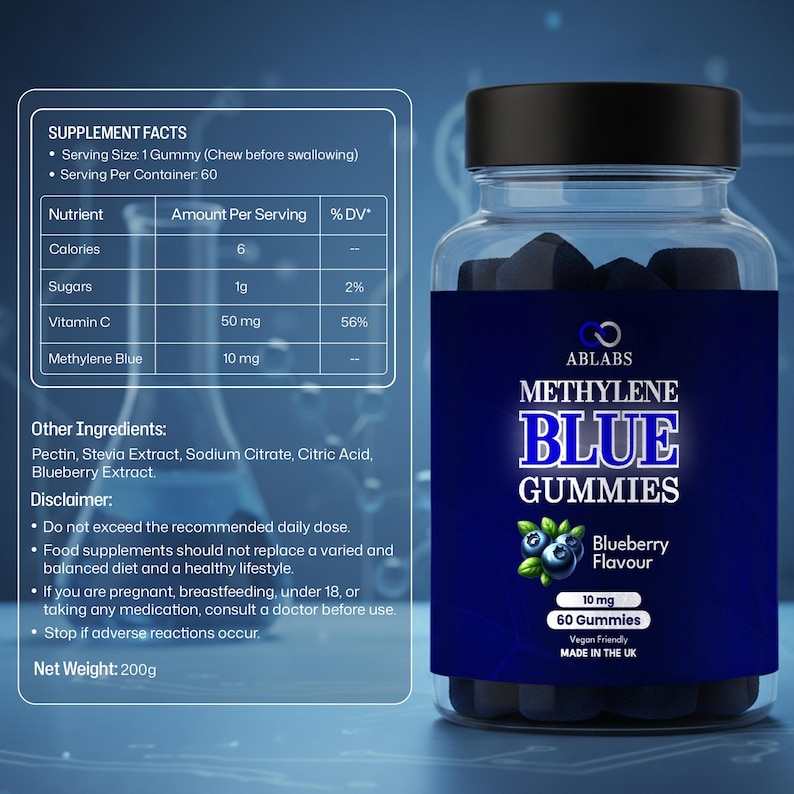 Methylene Blue 10mg Gummies • With Vitamin C • Blueberry Flavour ...