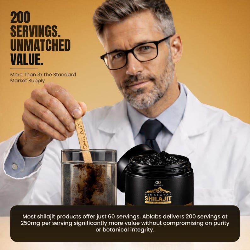 May include: A man in a lab coat stirring a dark substance into water with a wooden stick labeled "SHILAJIT." A black jar of "HIMALAYAN SHILAJIT" is open next to the glass. Text reads "200 SERVINGS. UNMATCHED VALUE."