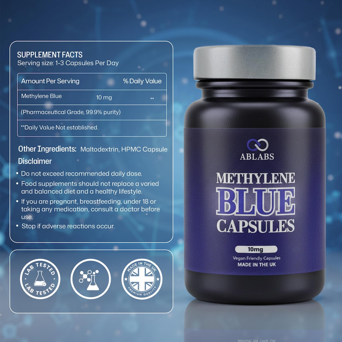 Methylene Blue 10mg Capsules • ABLABS Ultra High Purity • USP Grade ...