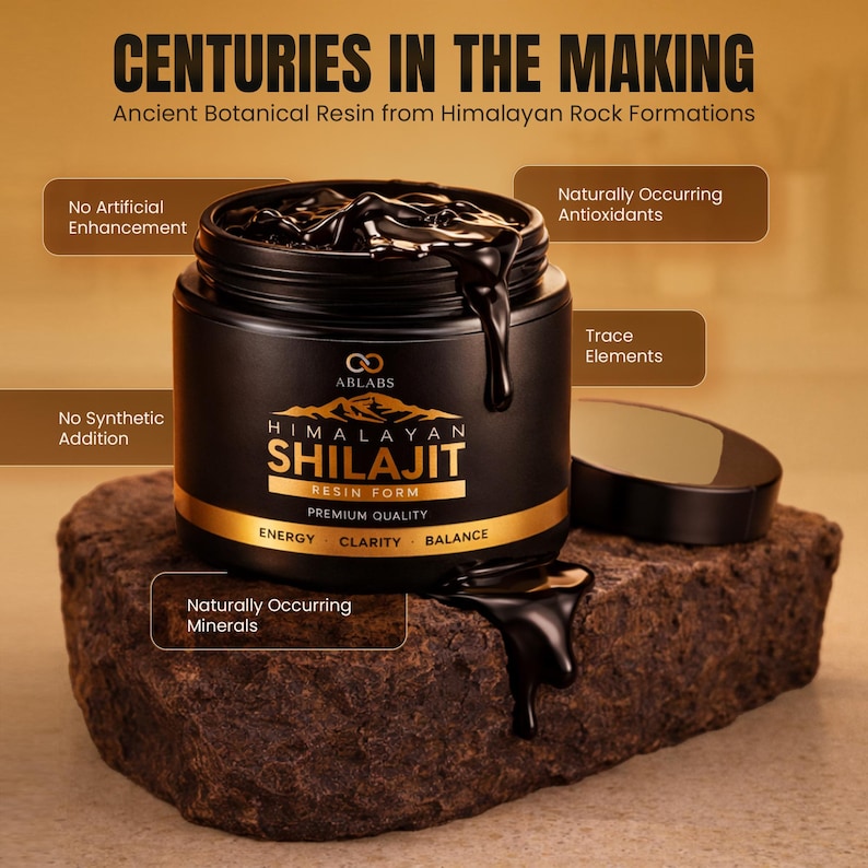 May include: A black jar of Himalayan Shilajit resin, with the text "Centuries in the Making" and "Ancient Botanical Resin from Himalayan Rock Formations." The jar is on a brown rock, with text labels highlighting its features.
