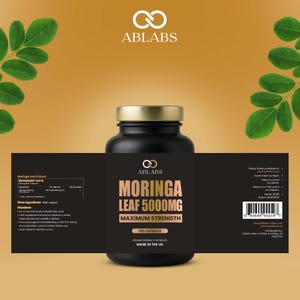 May include: A black bottle of Moringa Leaf 5000MG capsules with a gold cap. The label features the brand name ABLABS and product information. The bottle contains 120 vegan-friendly capsules and is made in the UK.