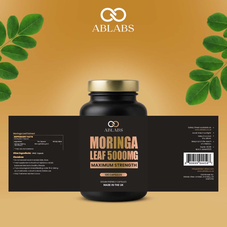 May include: A black bottle of Moringa Leaf 5000MG capsules with a gold cap. The label features the brand name ABLABS and product information. The bottle contains 120 vegan-friendly capsules and is made in the UK.