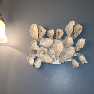 Crab Coastal Wall Decor made with Oyster Shells, Blue and Gold.