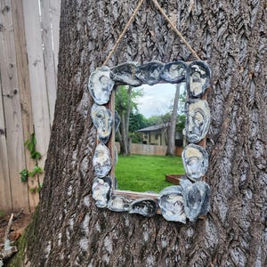 May include: A rectangular mirror with a frame decorated with numerous natural oyster shells. The mirror is suspended by a thick, tan-colored jute rope attached to the top of the frame, allowing it to be hung vertically on a flat surface.
