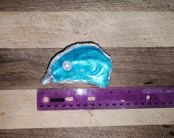 Silver, Blue, Glossy Oyster Shell Pearl Coastal Decor, Ring Jewelry Dish, Bridal Engagement Gift