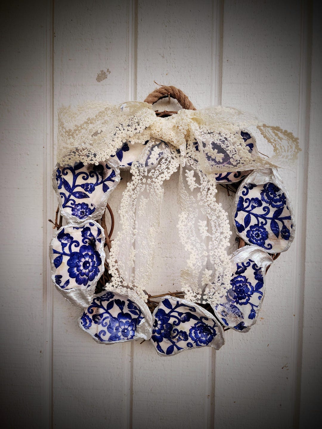 Shell Weath Oyster Shell Wreath, 10 Inches, Blue and Silver Floral Themed Decoupage ...