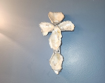 Oyster Shell Cross Wall Decor, Pearl and Silver 8x4.5