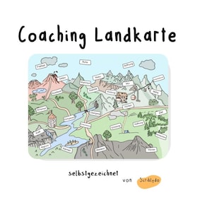 May include: A hand-drawn map illustration titled "Coaching Landkarte" with various labeled locations. The map features mountains, a river, trees, and a cable car, with text in German. The words "selbstgezeichnet" and "von Scriblydo" are also present.