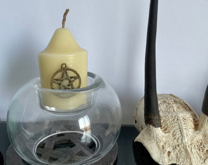 Charm Votive beeswax and hemp wick candle with sun star pentagram keepsake jewelry