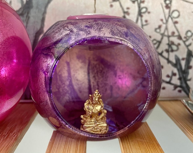 Cosmic Gold and Purple Painted Glass Candle lantern/terrarium - Small globe for tea lights and votive