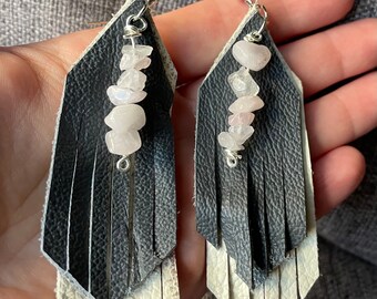 Rose Quartz and Leather Fringe Earrings -  recycled genuine leather