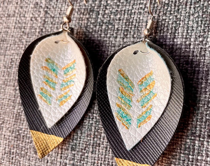 Gold Turquoise feather tear Drop Earrings - Handmade - Vegan Leather