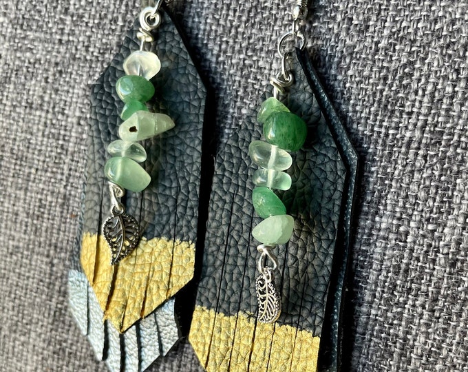 Green Aventurine and Leather Fringe Earrings -  recycled genuine leather