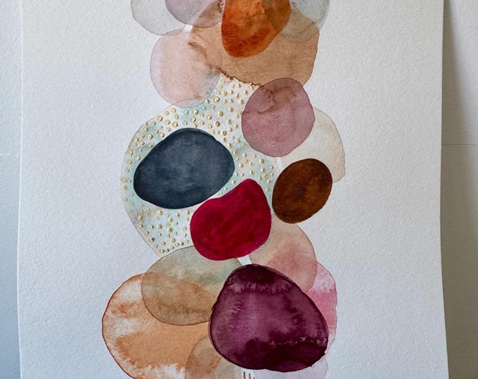 Original Watercolor Painting: Earth Tones, Boho Abstract Art, Gold Detail, 9x12 Inches