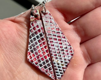 Teal and Red textured fishnet - unique, reversible, lightweight, recycled decoupage wood art earrings