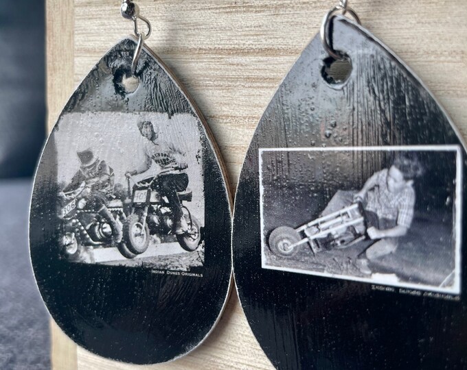 Safety Third - vintage motorcycle hooligans - wooden decoupage art earrings