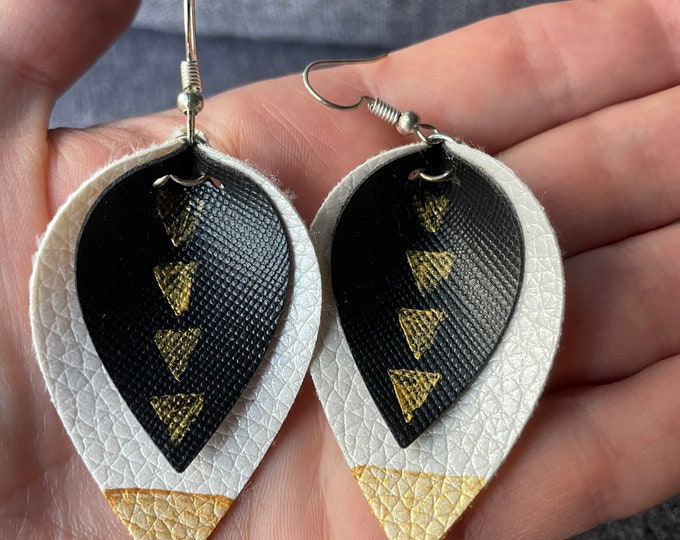 Golden Triangles Tear Drop Earrings - Handmade - Vegan Leather