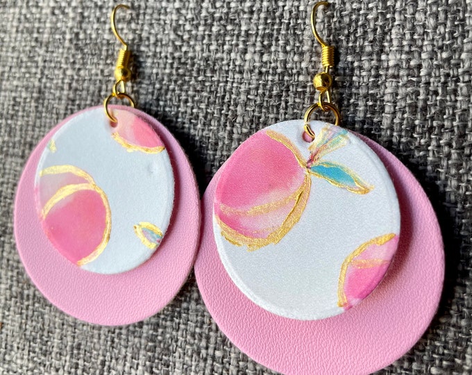 Gilded Pastel pink peaches handmade vegan leather earrings