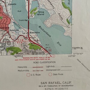 Authentieke topografische kaart uit 1954 van Muir Woods National Monument, San Rafael en Sausalito, Californië