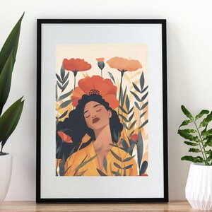 Boho Woman with Flowers Wall Art – Feminine Floral Line Art Printable – Modern Digital Download Poster