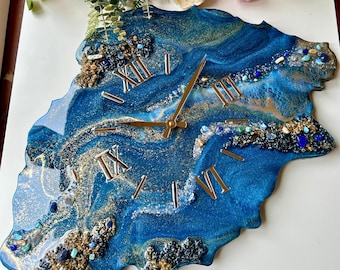 Handmade Blue Epoxy Resin Geode Wall Clock with Natural Stone Inlays
