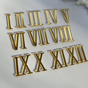 May include: Gold-colored Roman numeral cutouts, arranged on a white surface. The numerals I through XII are displayed, with each numeral casting a shadow. The numbers are in a serif font and have a metallic appearance.