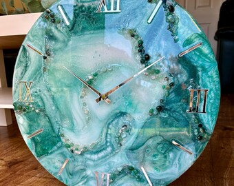 Deep emerald Epoxy Resin Clock, Marble wall clock, Green Aventurine and Agate inlay
