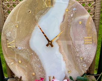 Handmade Epoxy Resin Wall Clock: Coffee Lavender Tones, Natural Stones