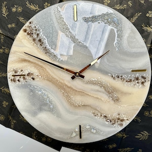 Handmade Epoxy Resin Clock: Beige, Grey, and Natural Stones