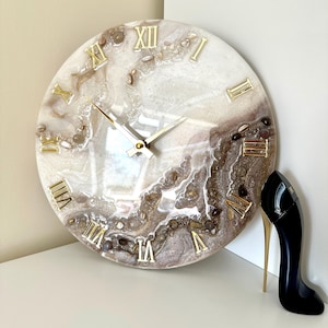 Choco-milk clock, Elegant wall clock, Modern wall art, white beige with natural stones, classic clock, wedding gift, apartment decor