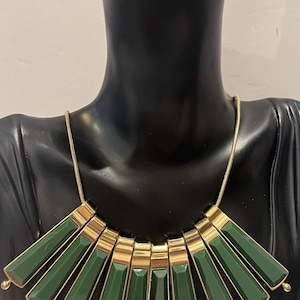 Egyptian Style Gold Tone & Green Enamel Geometric Bib Graduated Collar Necklace Unique Design Unique Piece