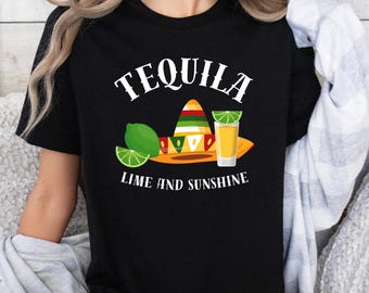 Camiseta de tequila, lima y sol, camiseta de vacaciones con margaritas, camiseta de playa tropical, camiseta con estampado de cócteles con palmeras, camiseta con ambiente isleño