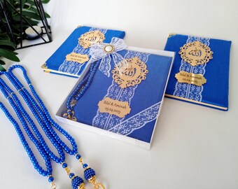 Personalisierte Samt Dua Buch Tasbeeh Beutel mit verzierter Box Muslim Geschenkset | Eid Geschenk | Hochzeitsgeschenk | Baby-Dusche-Geschenk | Geschenk zum Abschluss